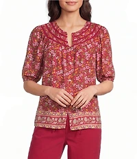 Nurture Petite Size Button Front Elbow Sleeve Split V-Neck Top