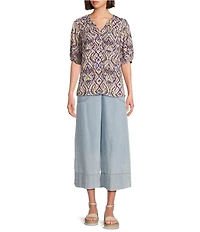 Nurture Petite Size Chambray Elbow Sleeve Y-Neck Blouse