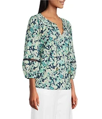 Nurture Petite Size Ditsy Floral Embroidered Eyelet 3/4 Sleeve Ruched V-Neck Top