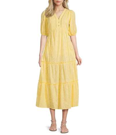 Nurture Petite Size Elbow Puff Sleeve V-Neck Maxi Dress