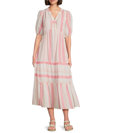 Nurture Petite Size Elbow Puff Sleeve V-Neck Midi Dress