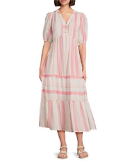 Nurture Petite Size Elbow Puff Sleeve V-Neck Midi Dress