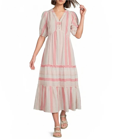 Nurture Petite Size Elbow Puff Sleeve V-Neck Midi Dress