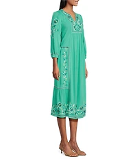Nurture Petite Size Embroidered 3/4 Sleeve Midi Dress