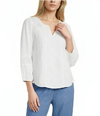 Nurture Petite Size Embroidered 3/4 Sleeve V-Neck Top