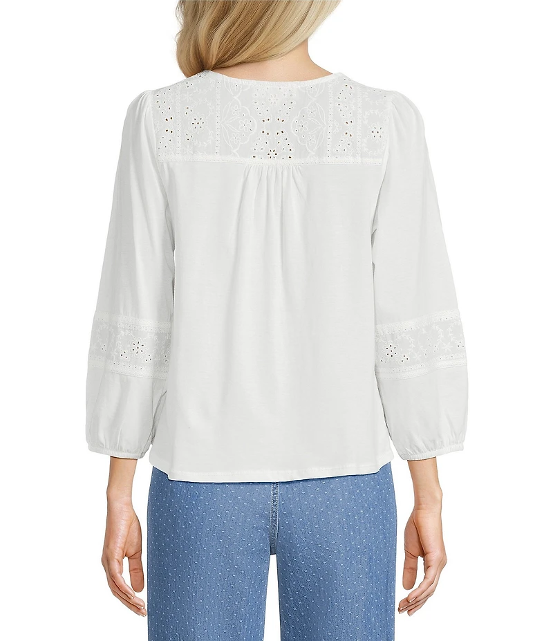 Nurture Petite Size Embroidered 3/4 Sleeve V-Neck Top