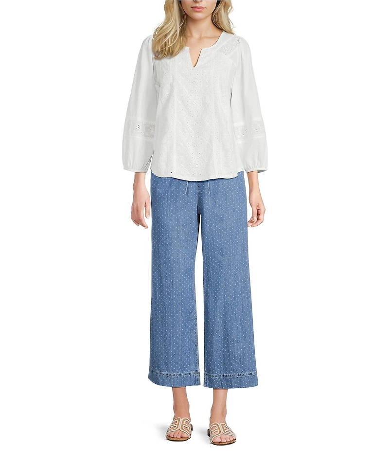 Nurture Petite Size Embroidered 3/4 Sleeve V-Neck Top