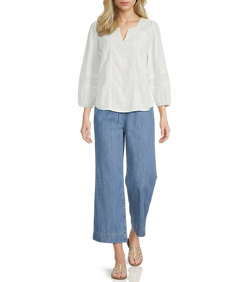 Nurture Petite Size Embroidered 3/4 Sleeve V-Neck Top