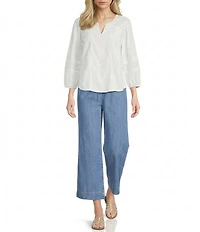 Nurture Petite Size Embroidered 3/4 Sleeve V-Neck Top
