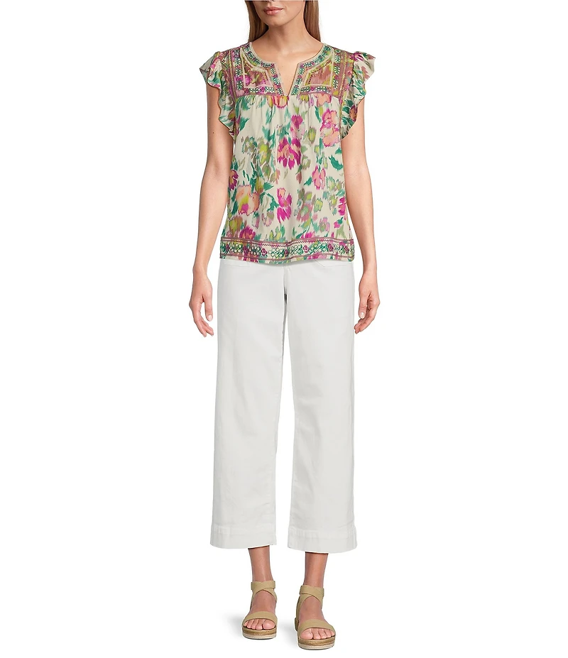 Nurture Petite Size Embroidered Floral Ikat Print Flutter Sleeve Top