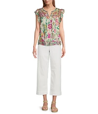 Nurture Petite Size Embroidered Floral Ikat Print Flutter Sleeve Top