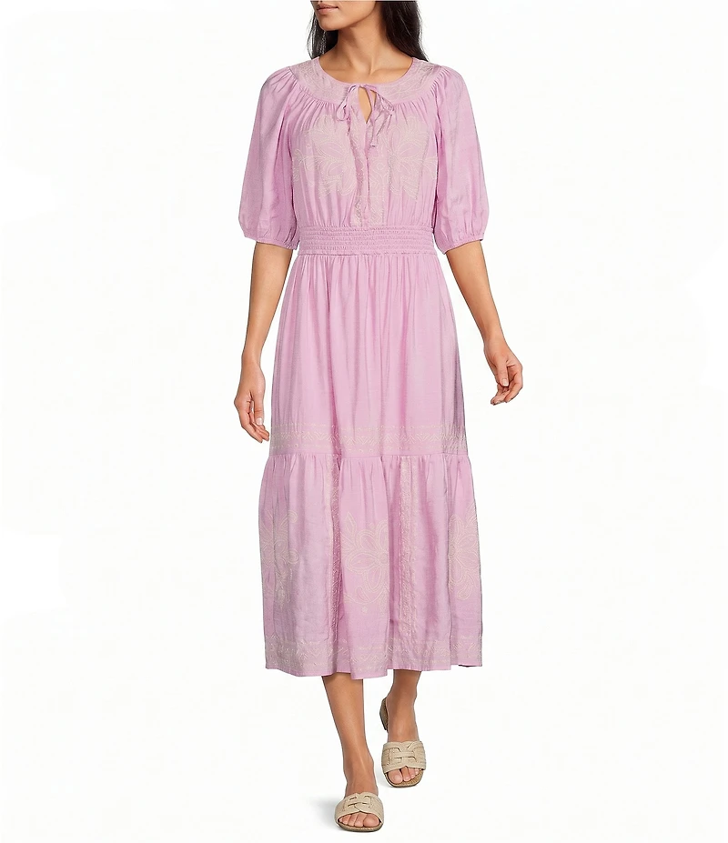 Nurture Petite Size Embroidered Puff Sleeve V-Neck Maxi Dress