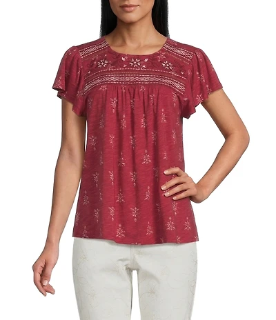 Nurture Petite Size Embroidered Short Flutter Sleeve Crew Neck Knit Top