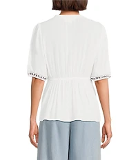 Nurture Petite Size Embroidered V-Neck Elbow Puff Sleeve Top