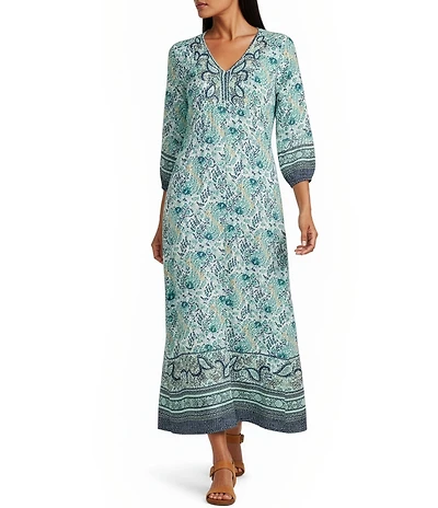 Nurture Petite Size Floral Embroidered Button Front V-Neck 3/4 Sleeve Maxi Dress