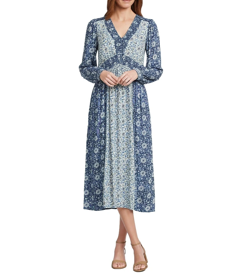 Nurture Petite Size Floral Long Sleeve V Neck Crinkle Woven Midi Dress