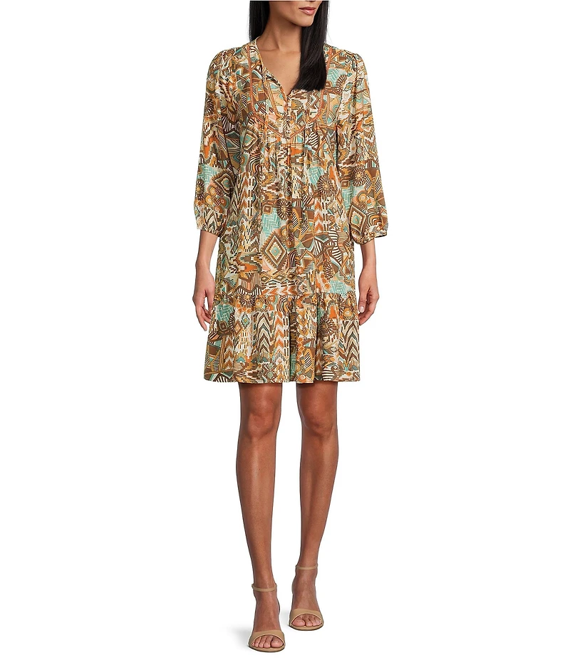 Nurture Petite Size Ikat Print Tassel V-Neck 3/4 Sleeve A-Line Dress