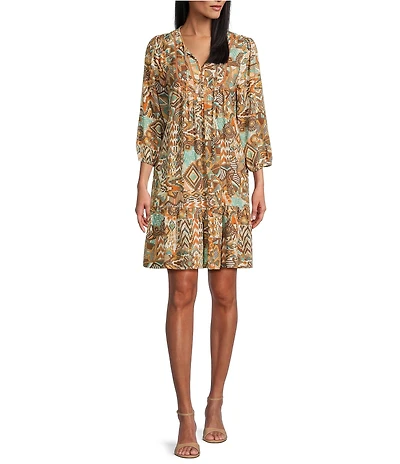 Nurture Petite Size Ikat Print Tassel V-Neck 3/4 Sleeve A-Line Dress