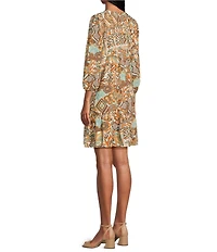 Nurture Petite Size Ikat Print Tassel V-Neck 3/4 Sleeve A-Line Dress