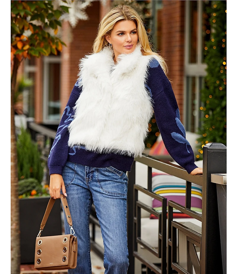 Nurture Petite Size Leaf Pattern Long Sleeve Crew Neck Sweater