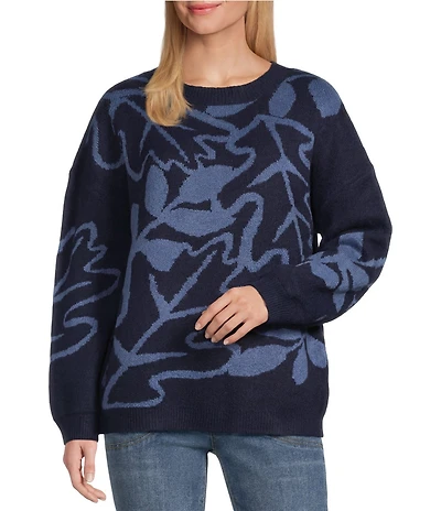 Nurture Petite Size Leaf Pattern Long Sleeve Crew Neck Sweater