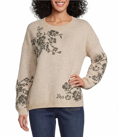 Nurture Petite Size Long Sleeve Floral Patterned Crew Neck Sweater