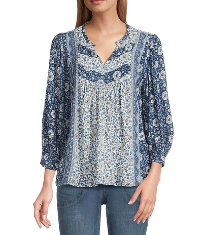 Nurture Petite Size Navy Floral Print Mix 3/4 Sleeve V-Neck Top