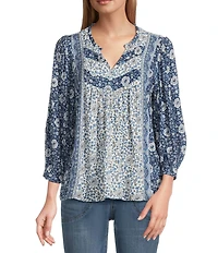 Nurture Petite Size Navy Floral Print Mix 3/4 Sleeve V-Neck Top