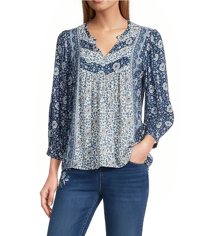 Nurture Petite Size Navy Floral Print Mix 3/4 Sleeve V-Neck Top