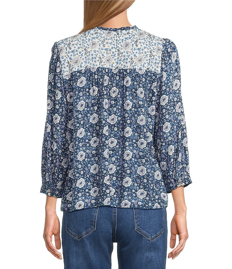 Nurture Petite Size Navy Floral Print Mix 3/4 Sleeve V-Neck Top