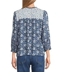 Nurture Petite Size Navy Floral Print Mix 3/4 Sleeve V-Neck Top