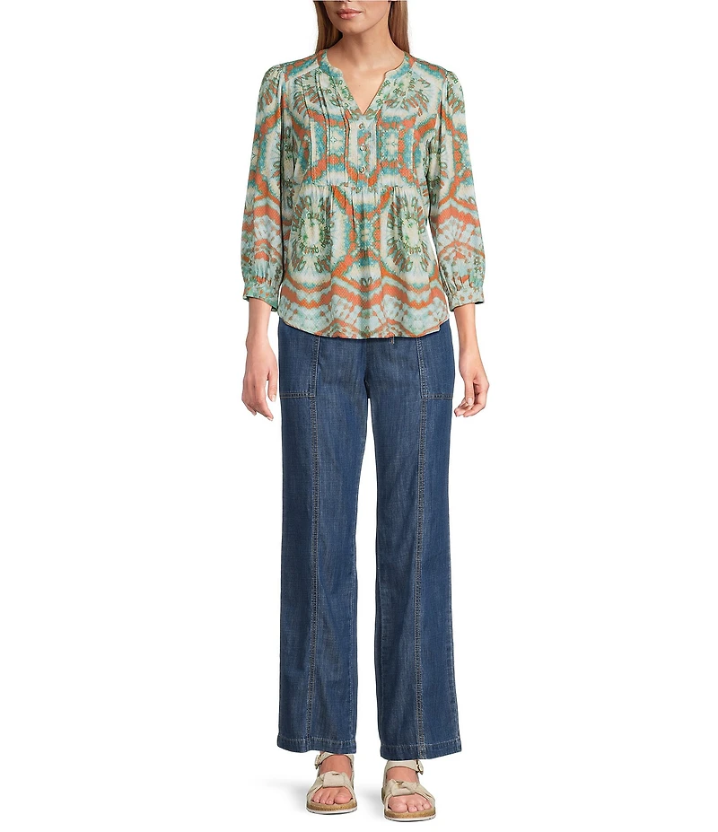 Nurture Petite Size Printed 3/4 Sleeve Pintucked Yoke Blouse