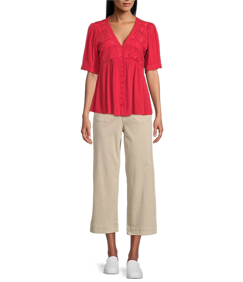 Nurture Petite Size Short Sleeve Button Front V-Neck Top