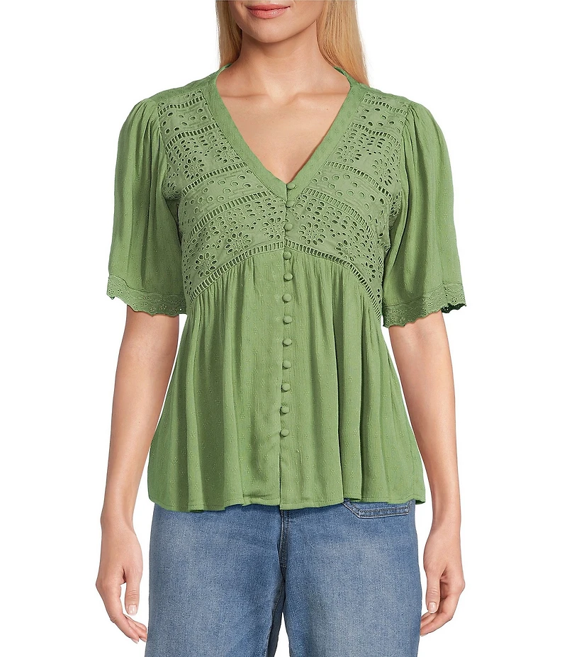 Nurture Petite Size Short Sleeve Button Front V-Neck Top