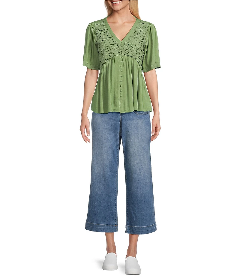 Nurture Petite Size Short Sleeve Button Front V-Neck Top