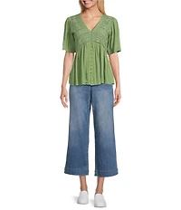 Nurture Petite Size Short Sleeve Button Front V-Neck Top