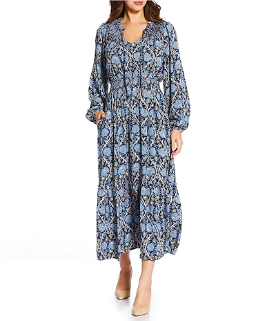 Nurture Petite Size Smocked Yoke Tassel V-Neck Long Sleeve Maxi Dress
