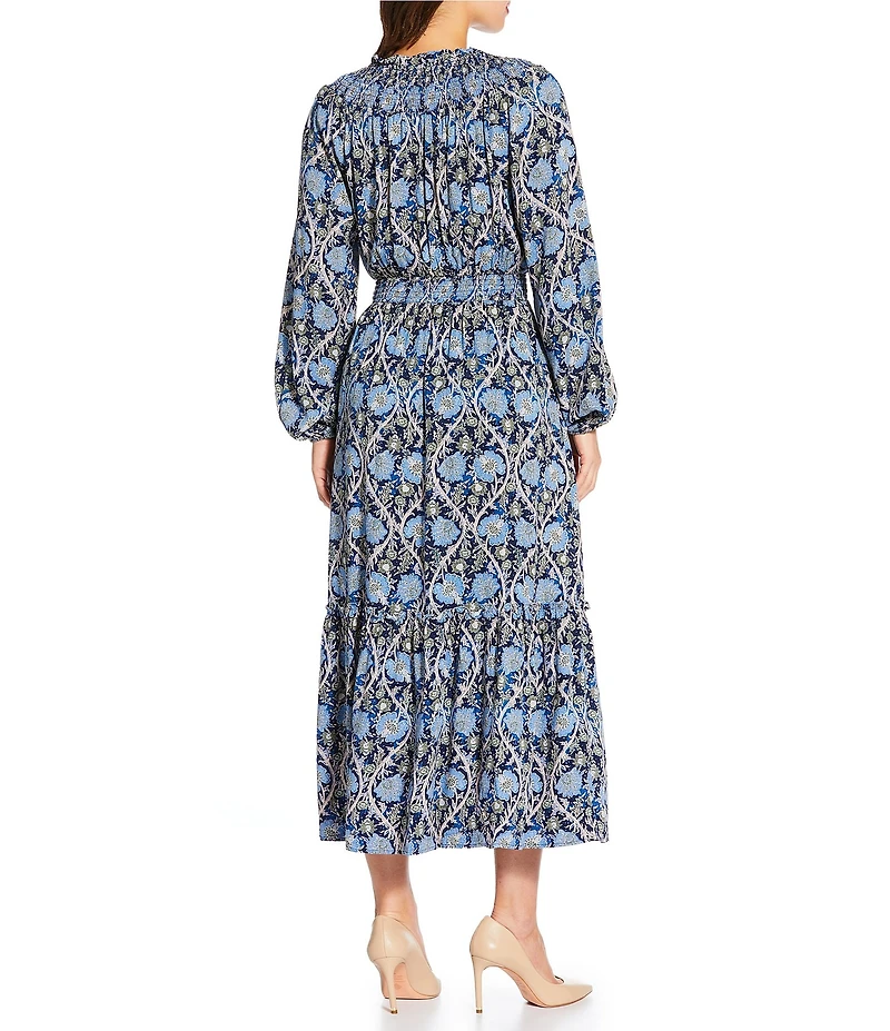 Nurture Petite Size Smocked Yoke Tassel V-Neck Long Sleeve Maxi Dress