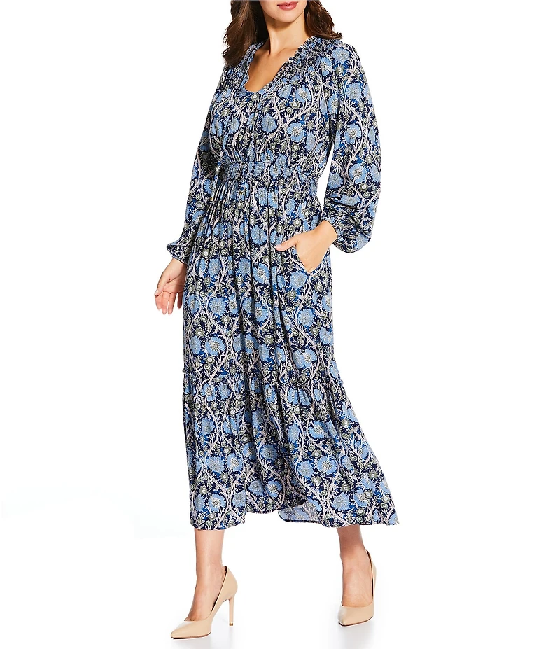 Nurture Petite Size Smocked Yoke Tassel V-Neck Long Sleeve Maxi Dress