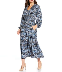 Nurture Petite Size Smocked Yoke Tassel V-Neck Long Sleeve Maxi Dress