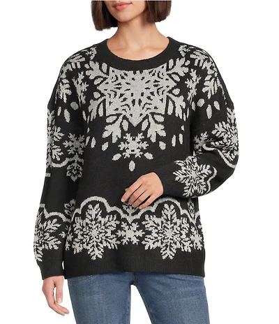 Nurture Petite Size Snow Flake Pattern Long Sleeve Crew Neck Sweater