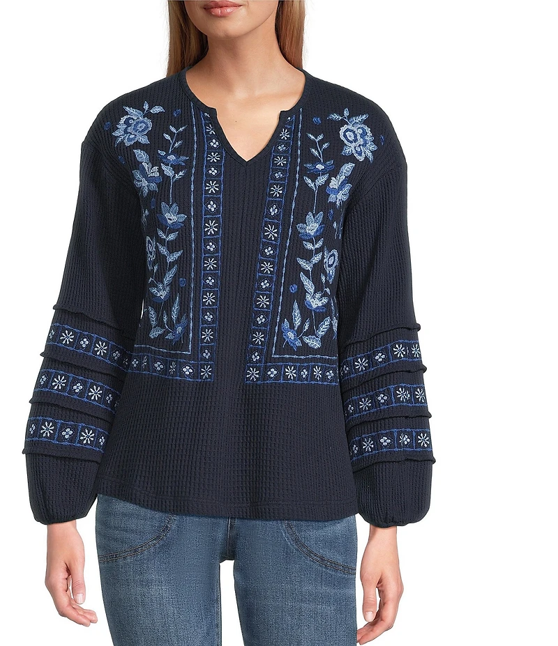 Nurture Petite Size Washed Embroidered Long Sleeve V-Neck Knit Top