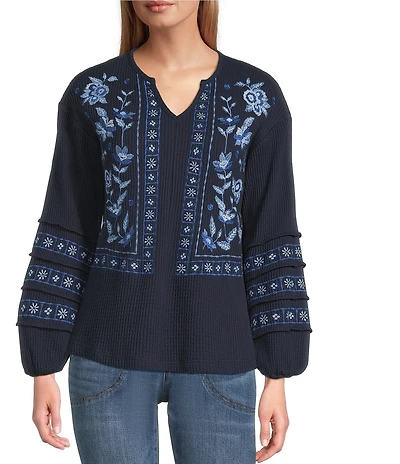 Nurture Petite Size Washed Embroidered Long Sleeve V-Neck Knit Top