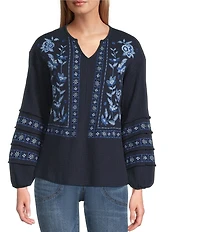 Nurture Petite Size Washed Embroidered Long Sleeve V-Neck Knit Top