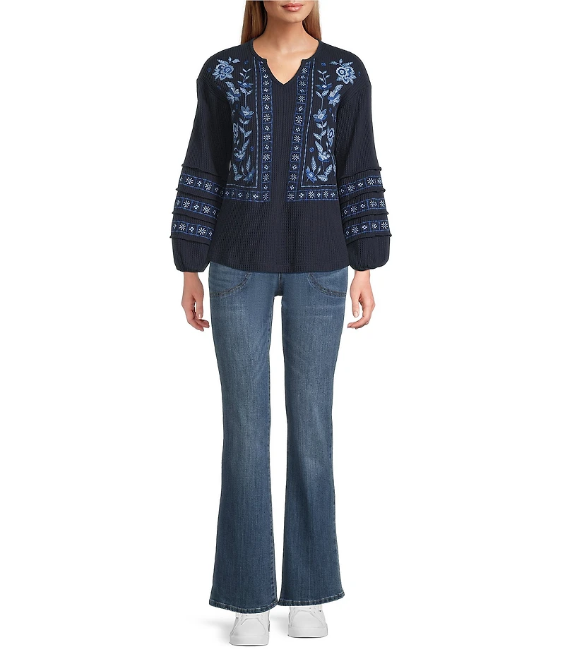 Nurture Petite Size Washed Embroidered Long Sleeve V-Neck Knit Top