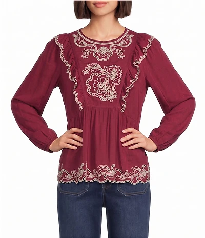 Nurture Petite Woven Bracelet Sleeve Crew Neck Ruffle Top
