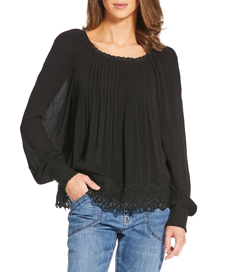 Nurture Pintuck Lace Hem Long Sleeve Scoop Neck Top