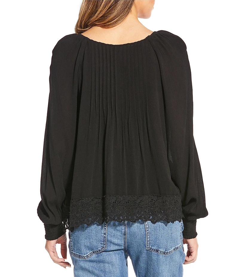 Nurture Pintuck Lace Hem Long Sleeve Scoop Neck Top