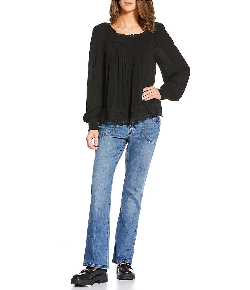 Nurture Pintuck Lace Hem Long Sleeve Scoop Neck Top