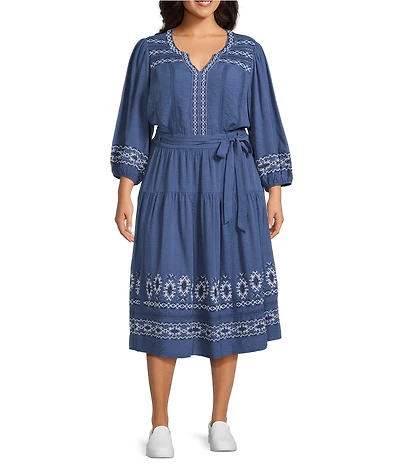Nurture Plus Embroidered 3/4 Sleeve Midi Dress